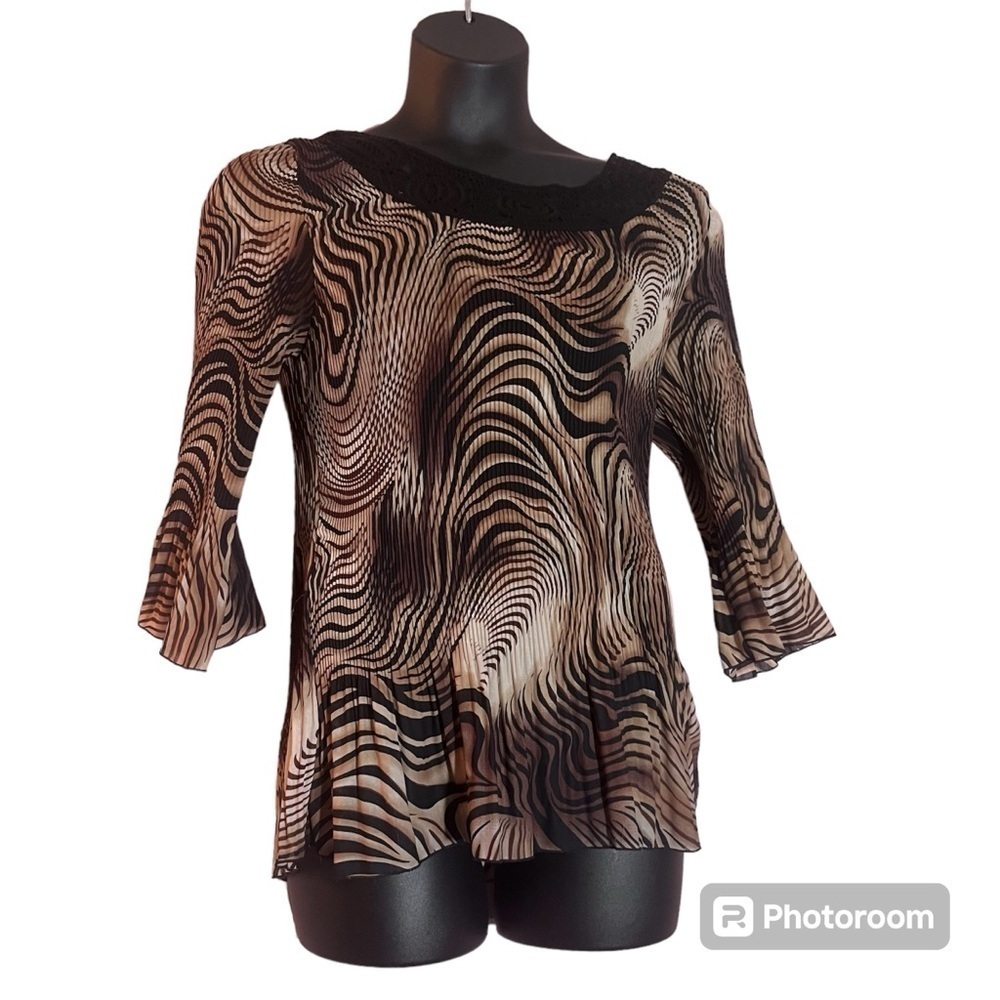 🌹Dress Barn Brown Print Stretchy Pleated Top crochet stretch bell sleeves XL